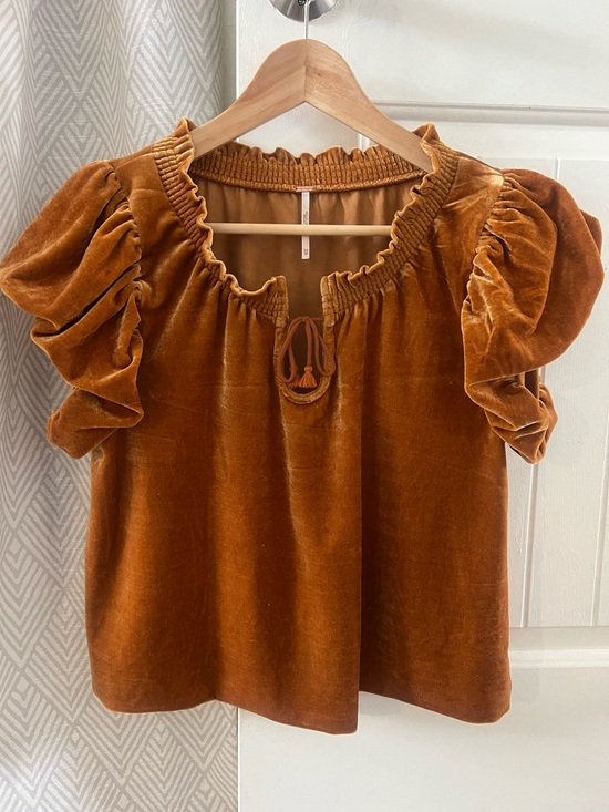 Free People Tops - Free People Velvet Puff-Sleeve Top in Rust Brown